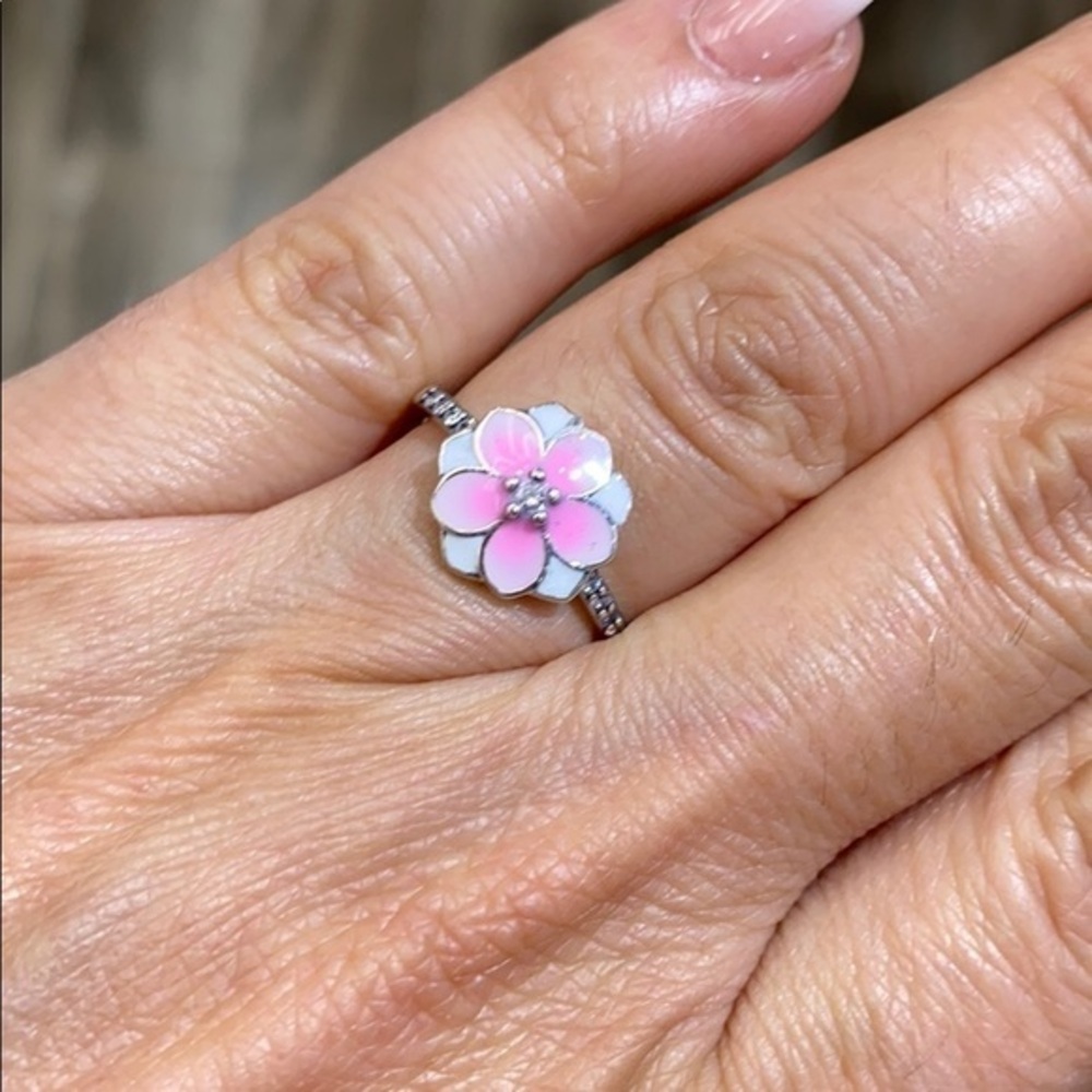 Sterling silver Pandora Look pink Flower CZ Ring